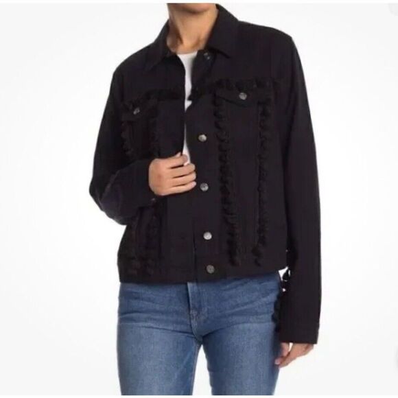 Free The Roses Denim Jean Jacket Black Pom Pom Women's Large Button Up - Picture 1 of 12
